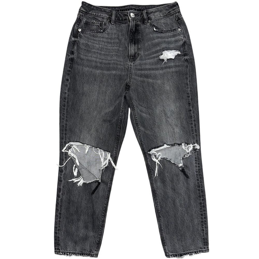 American Eagle Mom Jeans Gray Distressed Holes Size 8 Short High Waisted Grunge